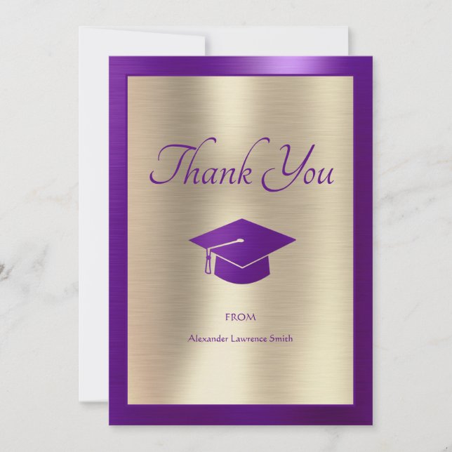 Elegant Graduation Thank You Script Purple Gold Card (Front)