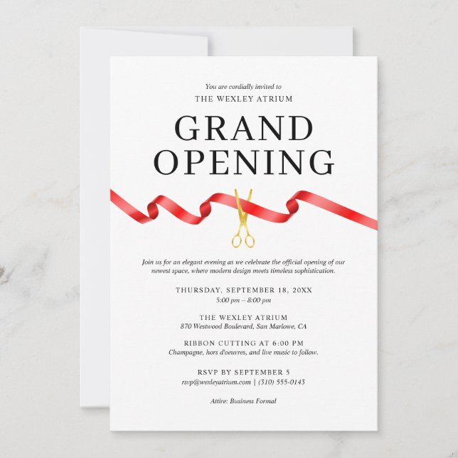 Elegant Grand Opening Invitation with Red Ribbon (Front)