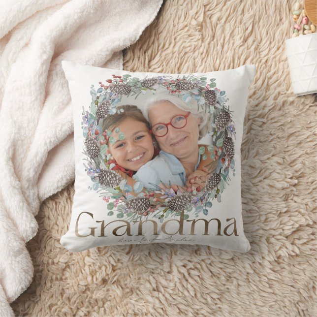 Elegant Grandma Faux Gold Botanical Christmas Throw Pillow (Blanket)