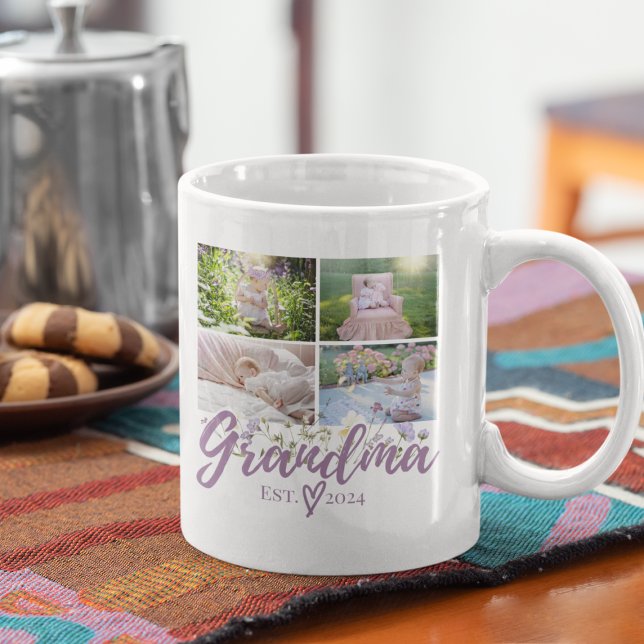 Elegant Grandma Personalized Photo Mug (Mug with "Grandma 2024" and baby photos, cookies, and coffee pot.)