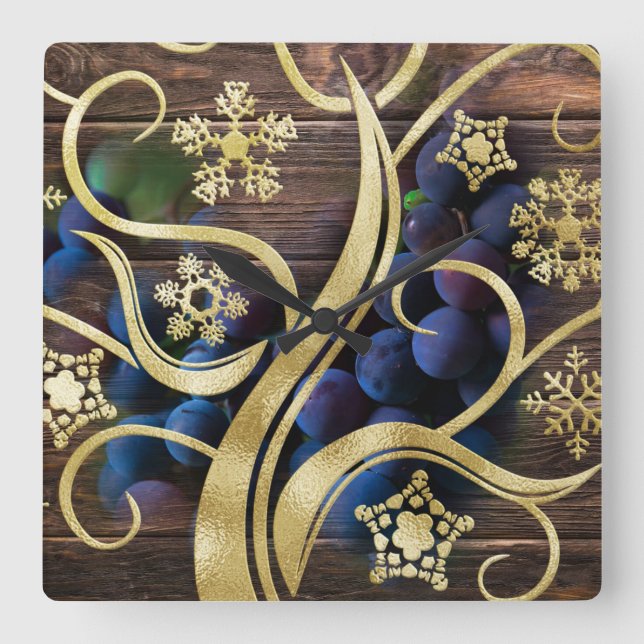 Elegant Grapes With Gold Pattern Square Wall Clock (Front)