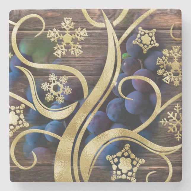 Elegant Grapes With Gold Pattern Stone Coaster (Front)
