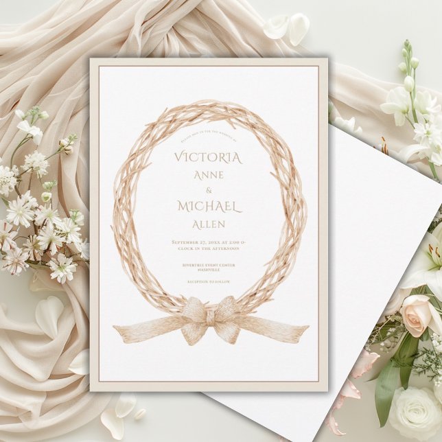 Elegant Grapevine Wreath Burlap Bow Wedding Invitation (Creator Uploaded)