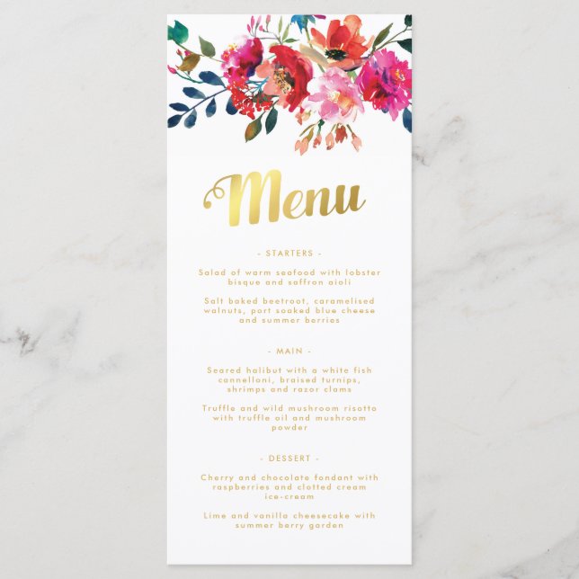 Elégant Gras Floral Aquarelle Or Mariage Menu (Devant)
