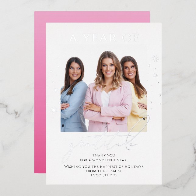 Elegant Gratitude Script Photo Corporate Business Foil Holiday Card (Front/Back)