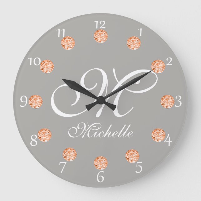 Elegant Gray & Amber Faux Gems Monogram Clock (Front)