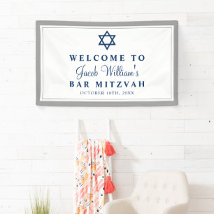 Elegant Gray and Navy Blue Bar Mitzvah Welcome Banner