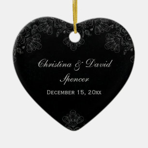 Elegant gray black floral swirls wedding photo ceramic ornament