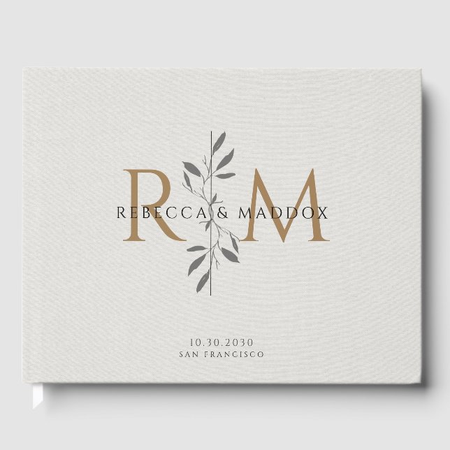 Elegant Gray Botanical Monogram Wedding Guest Book (Front)