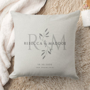 Elegant Gray Botanical Monogram Wedding Throw Pillow