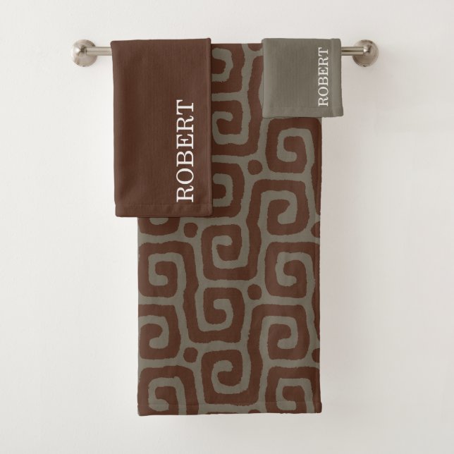 Elegant Gray &Brown Abstract Pattern Custom Name Bath Towel Set (Insitu)