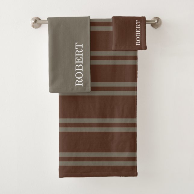 Elegant Gray &Brown Strips Pattern Custom Name Bath Towel Set (Insitu)