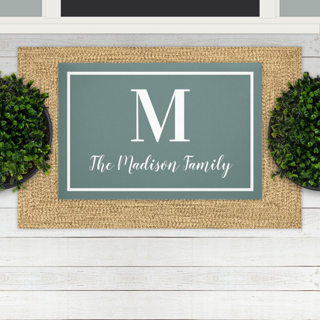 Elegant Gray Green Monogram Family Name Doormat (Creator Uploaded)