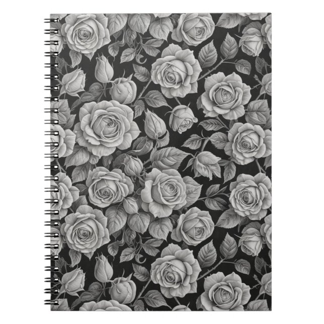 Elegant Gray Roses on Black Journal – Moody Floral (Front)