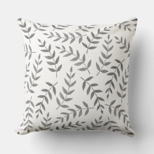 Elegant Gray Tropical Leaves on White Throw Pillow