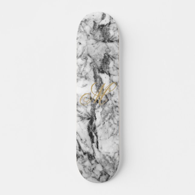 Elegant gray white modern marble gold monogram skateboard (Front)
