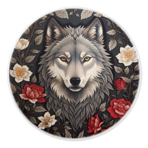 Elegant Gray Wolf Floral Ceramic Knob