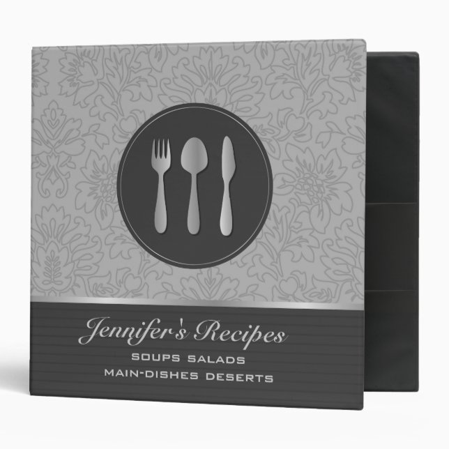 Elegant GrayTones Vintage Damasks Recipes Binder (Front/Inside)
