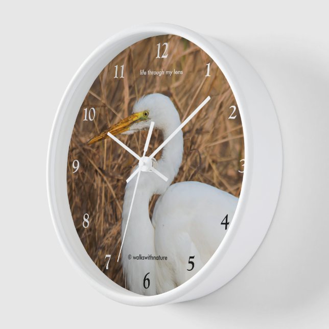 Elegant Great Egret Wading Bird in Reeds Clock (Angle)