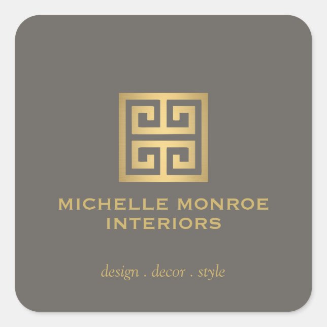 Elegant Greek Key Designer Logo Gold/Taupe Square Sticker (Front)
