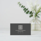 Elegant Greek Key Designer Logo Silver/Charcoal Business Card (Standing Front)
