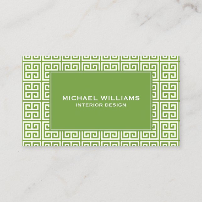 Elegant Greek Key Pattern in Green/White Business Card (Front)