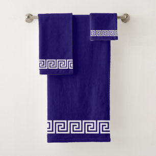 Elegant Greek Pattern Frame on Navy Blue Bath Towel Set