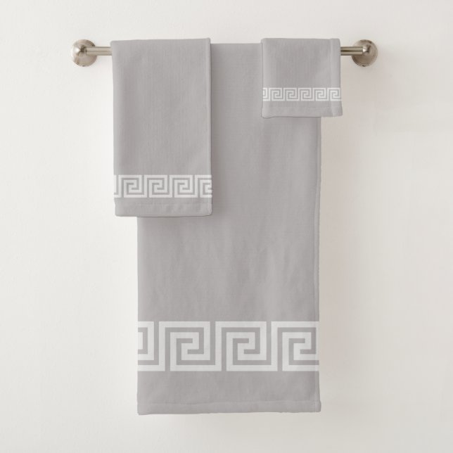 Elegant Greek Pattern on Light Silver Grey Bath Towel Set (Insitu)