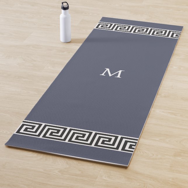 Elegant Greek Pattern on Monogrammed Grey Yoga Mat (In Situ)