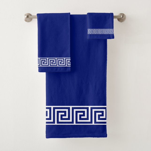 Elegant Greek Pattern on Navy Blue & White Bath Towel Set (Insitu)