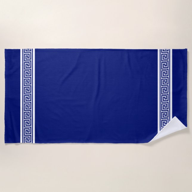 Elegant Greek Pattern on Navy Blue & White Beach Towel (Front)