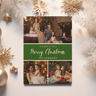 Elegant Green 5 photo collage Merry Christmas Holiday Card