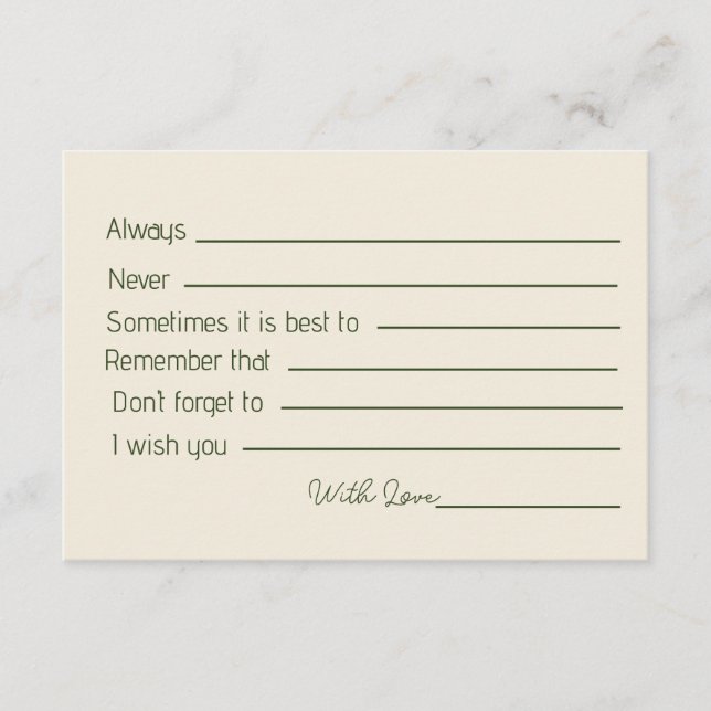 Elegant Green and Beige Palm Tree Bridal Shower  Advice Card (Front)