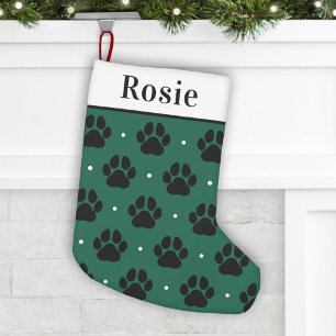 Elegant Green and Black Paw Print Pet Name Small Christmas Stocking
