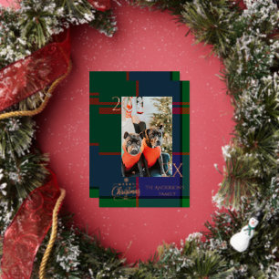 Elegant Green and blue Buffalo Plaid Christmas Foil Holiday Card