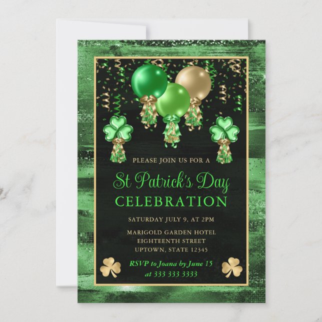Elegant Green and Gold Balloons St Patrick's Day Invitation (Front)