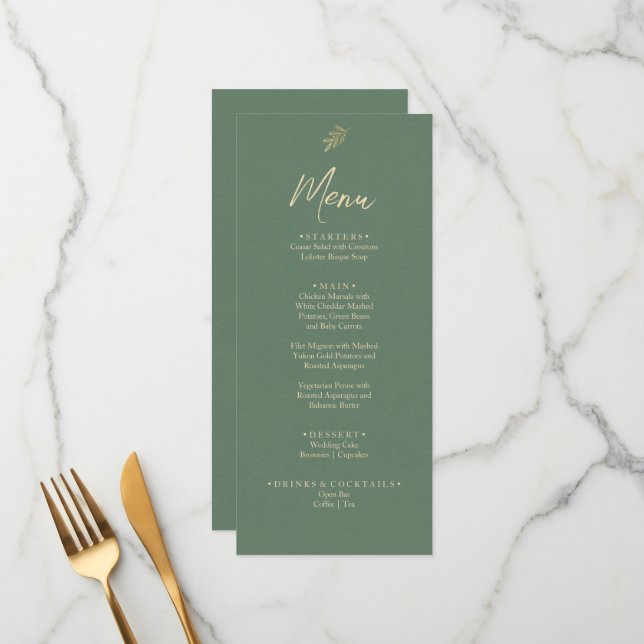 Elegant Green And Gold Boho Garden Dinner Wedding Menu (Front/Back In Situ)