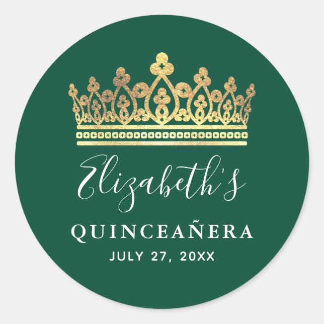 Elegant Green and Gold Crown Classic Round Sticker (Front)