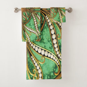 Elegant Green and Gold Damask Pattern Bath Towel Set