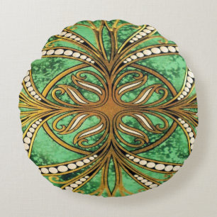 Elegant Green and Gold Damask Pattern Round Pillow