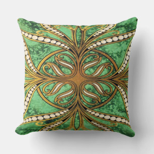 Elegant Green and Gold Damask Pattern Throw Pillow