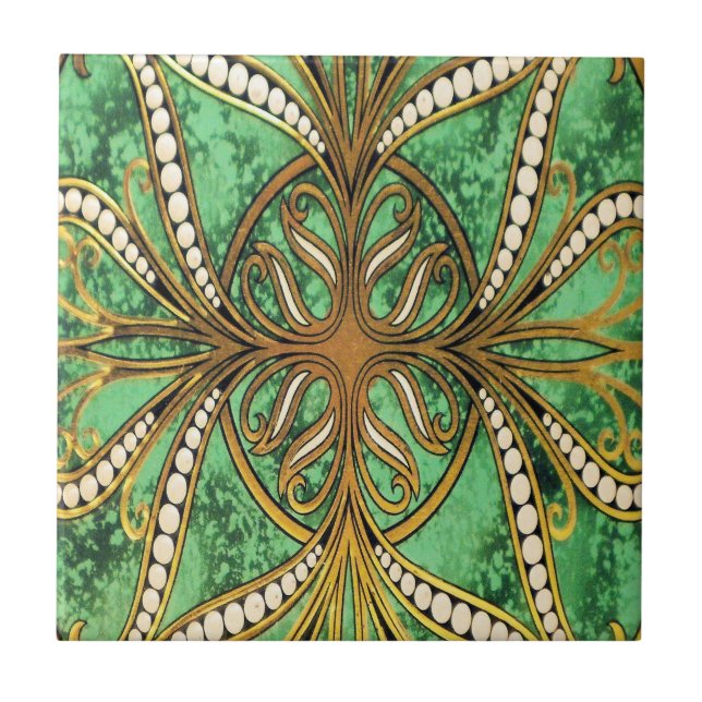 Elegant Green and Gold Damask Pattern Tile (Front)