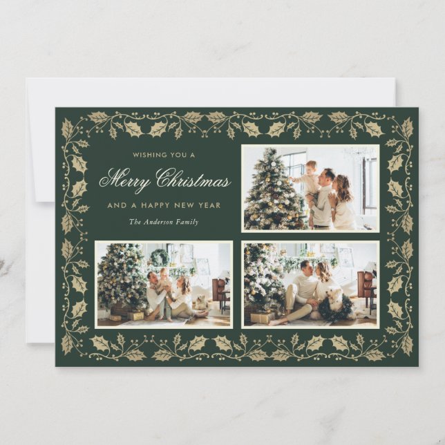 Elegant Green and Gold Family Photo Holiday Card (Front)