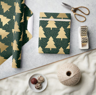 Elegant Green and Gold Faux Foil Christmas Tree Wrapping Paper