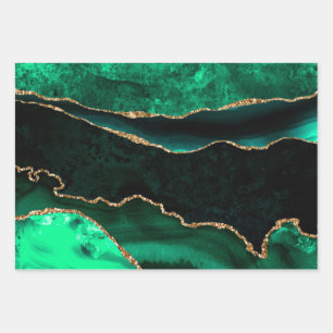 Elegant Green and Gold Faux Glitter Agate Wrapping Paper Sheet
