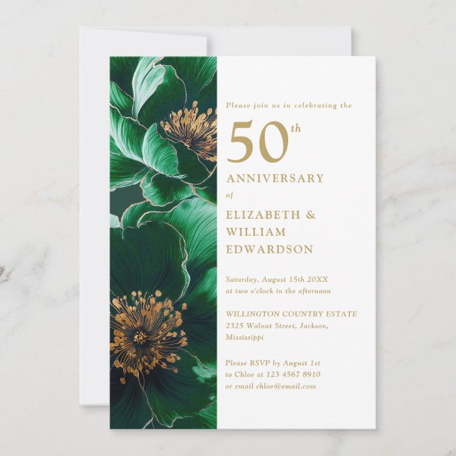 Elegant Green And Gold Floral 50th Anniversary Invitation (Front)