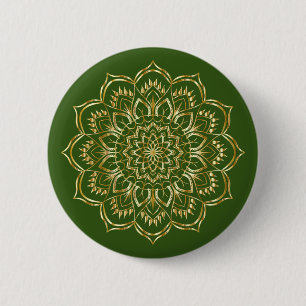 Elegant Green and Gold Floral Mandala Pattern 2 Inch Round Button