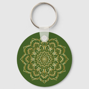 Elegant Green and Gold Floral Mandala Pattern Keychain
