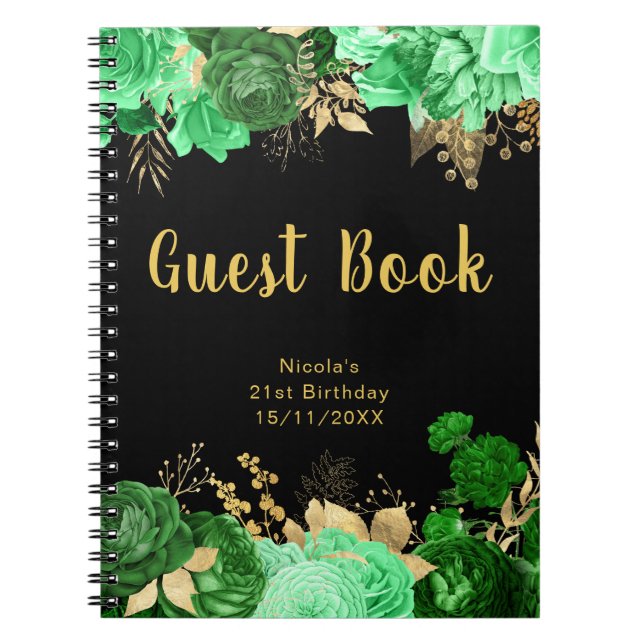 Elegant Green and Gold Flowers Birthday Guest Book (Front)