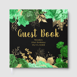 Elegant Green and Gold Flowers Birthday Party Guest Book